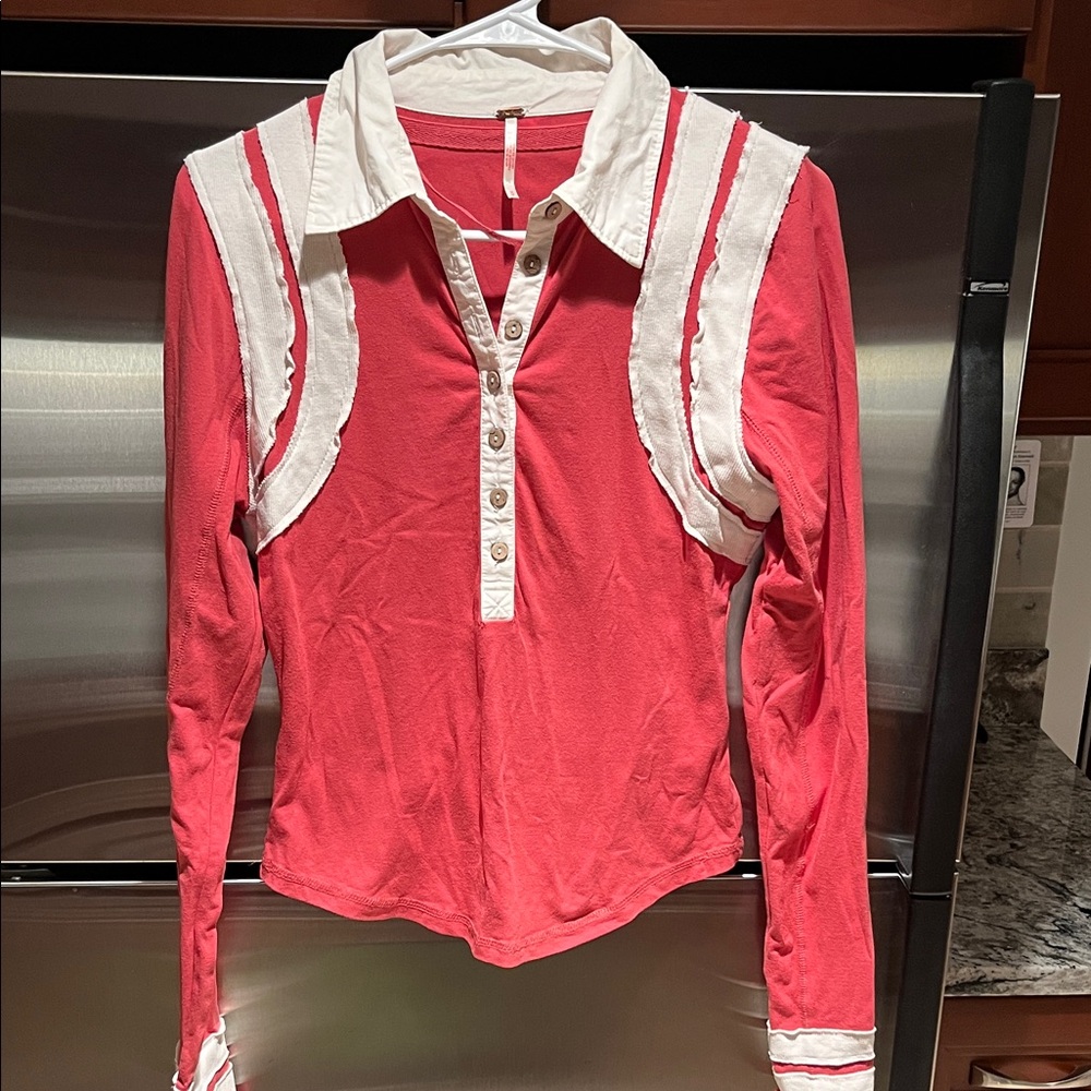 Free People Wednesday Polo - Red and White Polo Top